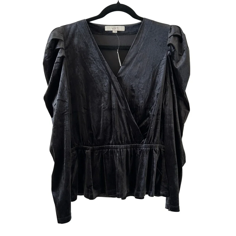 LOFT Womens Black Whimsigoth Velvet Puff Sleeve Peplum Wrap Top Size L‎